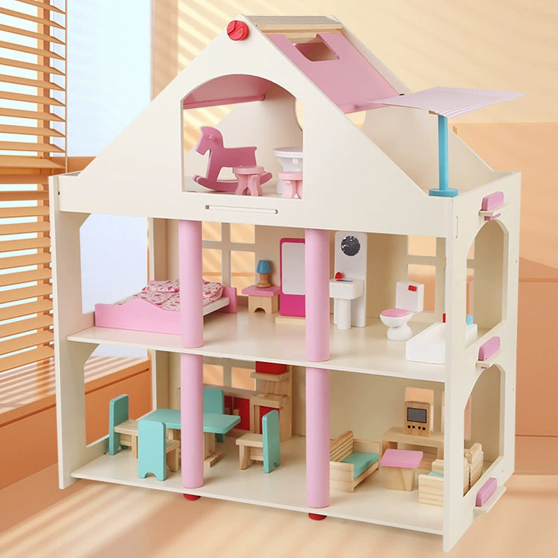 Montessori Puppenhaus aus Holz – 3 Etagen Villa mit Möbeln (Großformat)