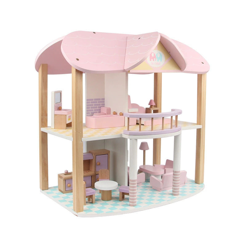Montessori Puppenhaus aus Holz – Offenes Spielhaus mit Möbeln