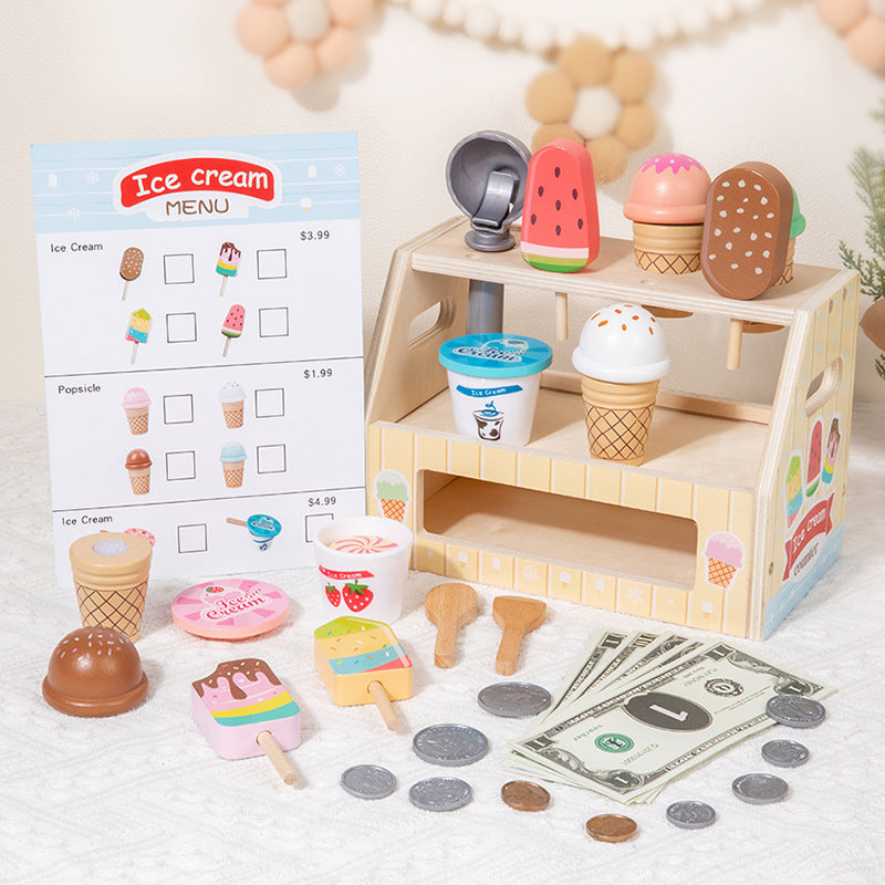 Montessori Eiswagen Spielset aus Holz – Kinder Eisstand & Rollenspiel Spielzeug
