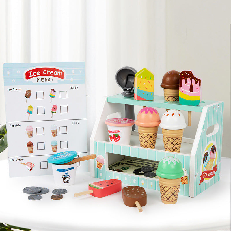 Montessori Eiswagen Spielset aus Holz – Kinder Eisstand & Rollenspiel Spielzeug