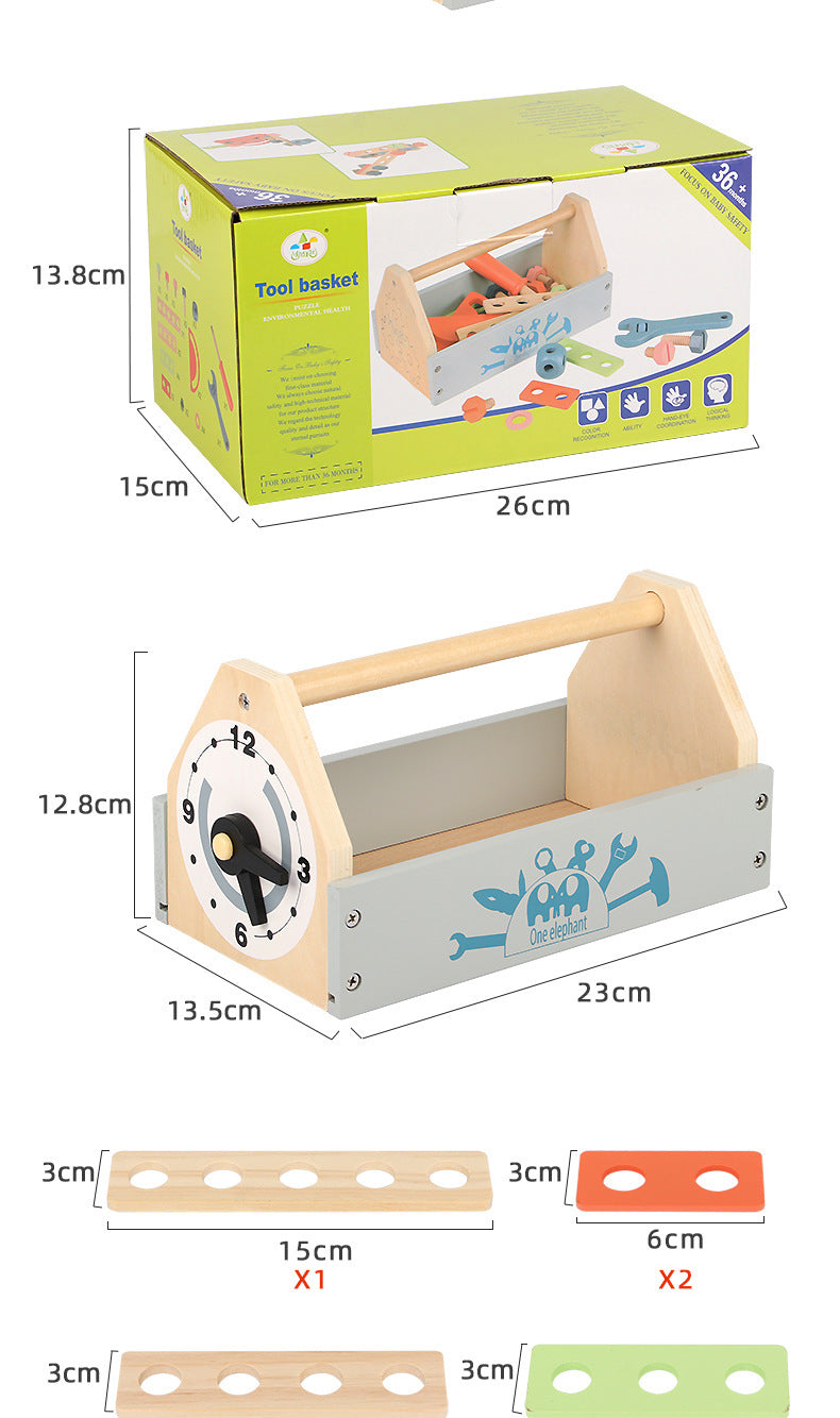 Kinder Werkzeugkiste aus Holz – 3-in-1 Schraubspiel mit Zahnrädern & Uhr